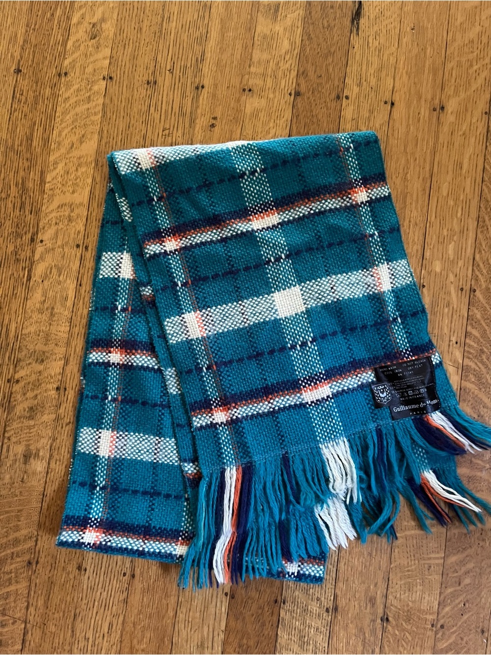 Vintage Teal Plaid Fringe Scarf with White and Rust Accents